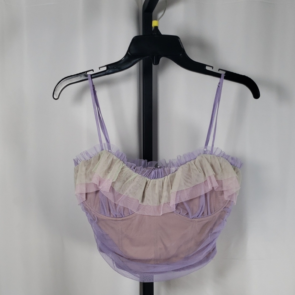 American Threads Purple and‎ Cream Ruffled Coreset Top - SZ M